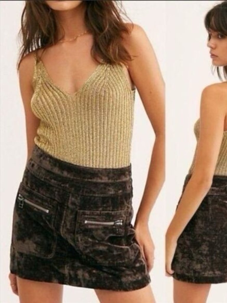 Free People Dust To Dust Dark Brown Velvet Double Pocket Mini Skirt 10 Bohemian